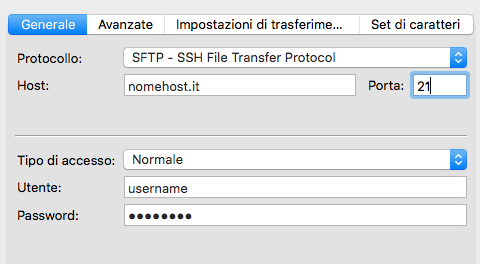configurazione FTP FileZilla esempio