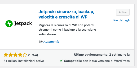 schermata installazione Jetpack WordPress