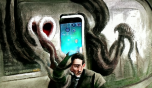 A guy being scared by a smartphone