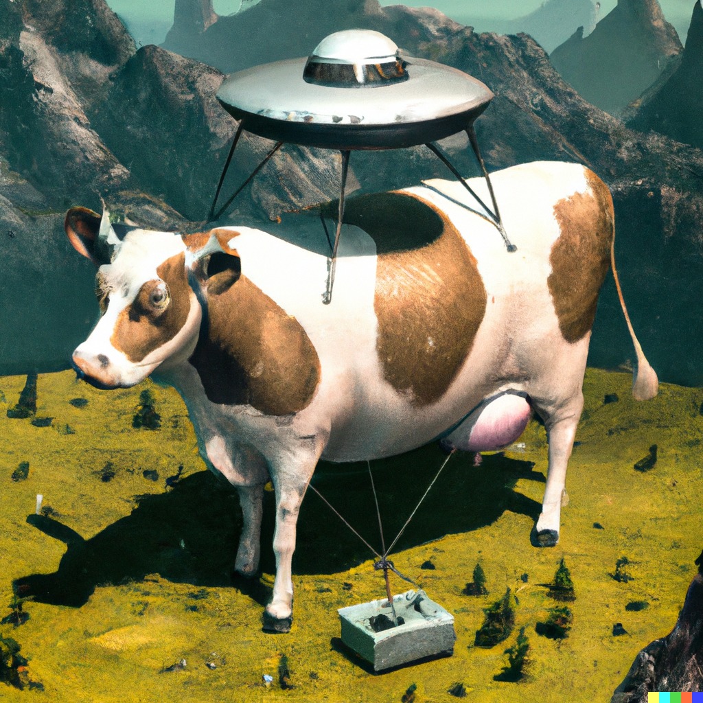 1960s art of cow getting abducted by UFO in midwest
