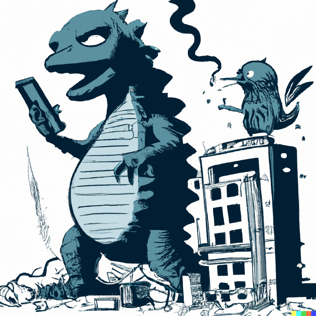 DALL·E 2023 03 12 18.05.03 twitter as a post apocalyptic robot and godzilla