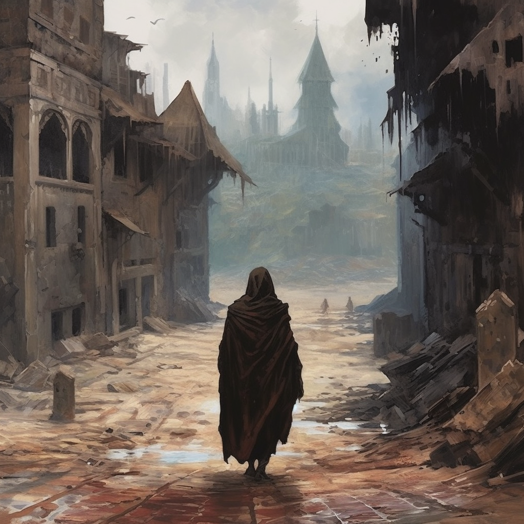 fernando172543 A lame hooded man walks toward a ruined city 5ad1ad8e 4c68 4a08 a855 a58cdf678074