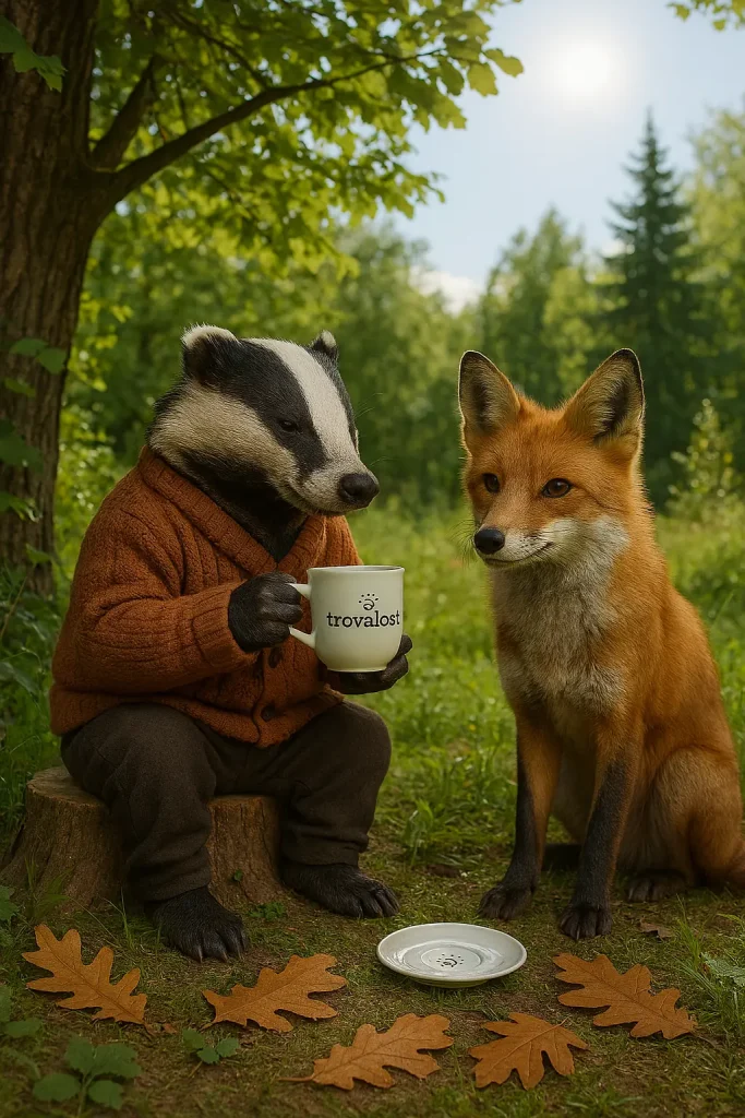 Simulazione di una foto realistica di un tasso che beve del the su un ceppo. una volpe è seduta al suo fianco.