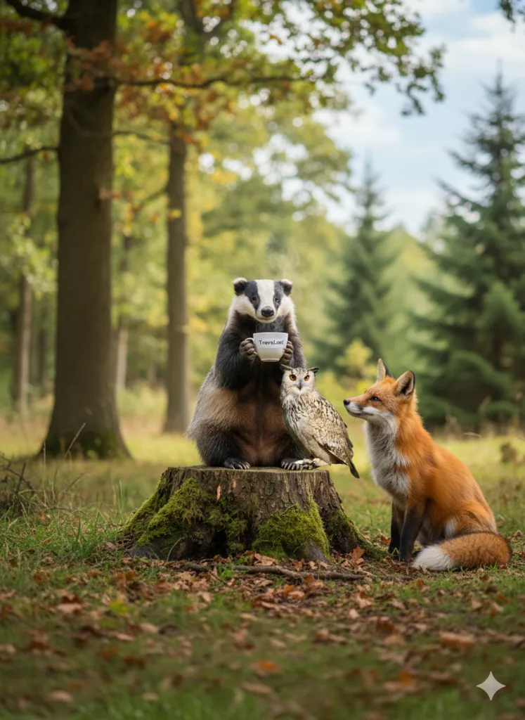 Simulazione di una foto realistica di un tasso che beve del the su un ceppo. una volpe è seduta al suo fianco. Ed un gufo è appollaiato ai piedi del tasso.