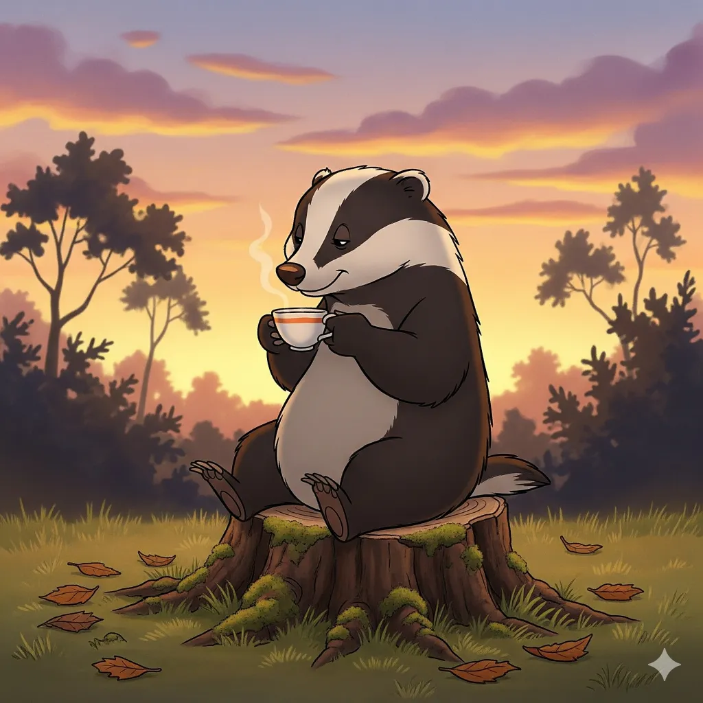 Un tasso che beve del the su un ceppo al tramonto. In stile cartoonesco.